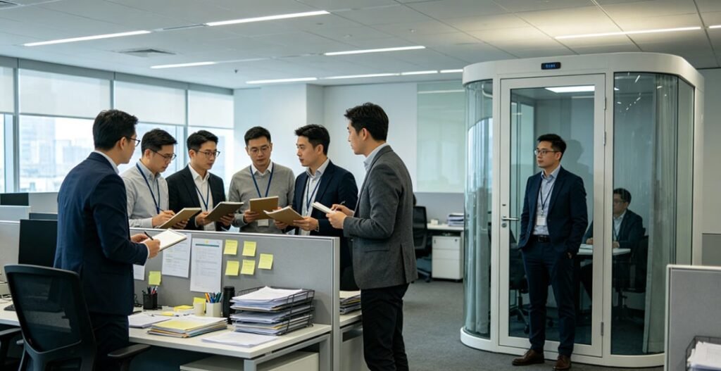 模組化辦公室混合辦公場景：同事喺工位區討論，旁邊係獨立電話亭