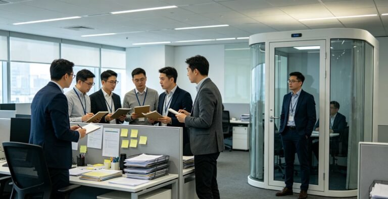 模組化辦公室混合辦公場景：同事喺工位區討論，旁邊係獨立電話亭
