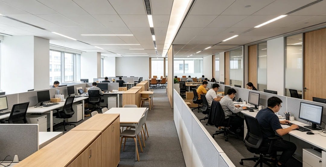 開放式工位區：屏風分隔出獨立工位，同時保留視線通透
